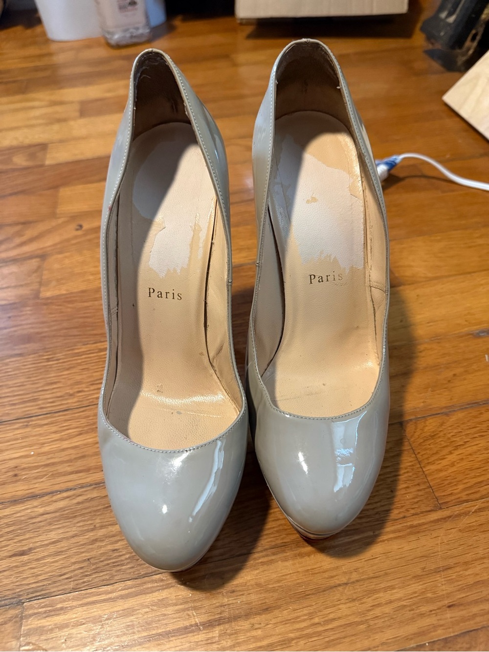 Christian Louboutin Glossy Light Gray Patent Pumps